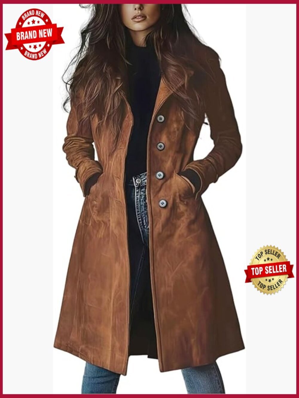Long Suede Trench Coat Single Breasted Overcoat with Pockets